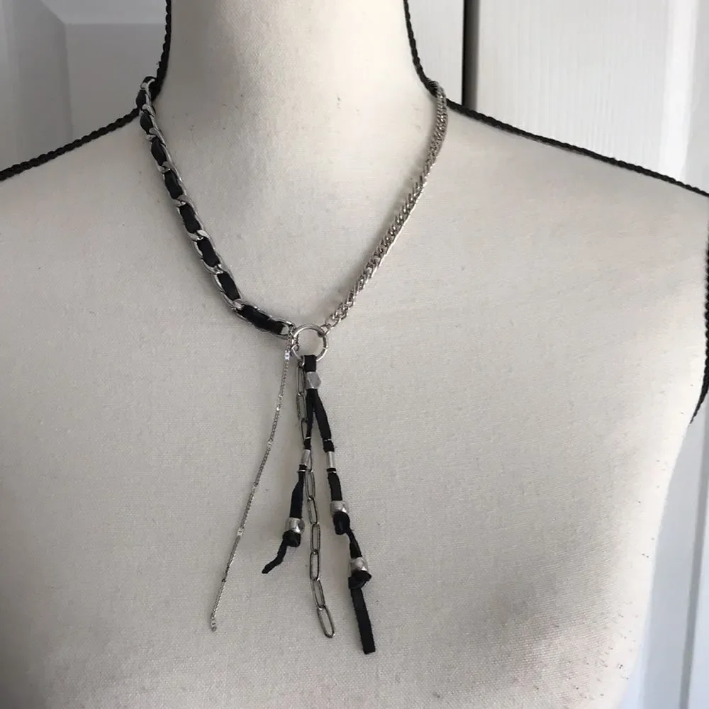 Free People Silver Tone and Black Leather Striped Necklace
